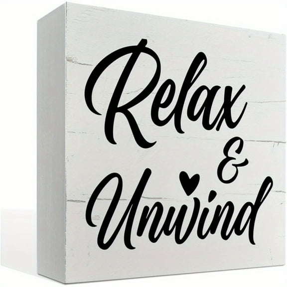 Relax and Unwind" Rustic Wooden Sign - 5x5 Inch Farmhouse Desk Decor with Heart Detail, Perfect for Home, Office, or Bathroom, Easy-to-Hang Box Sign Tabletop Decor