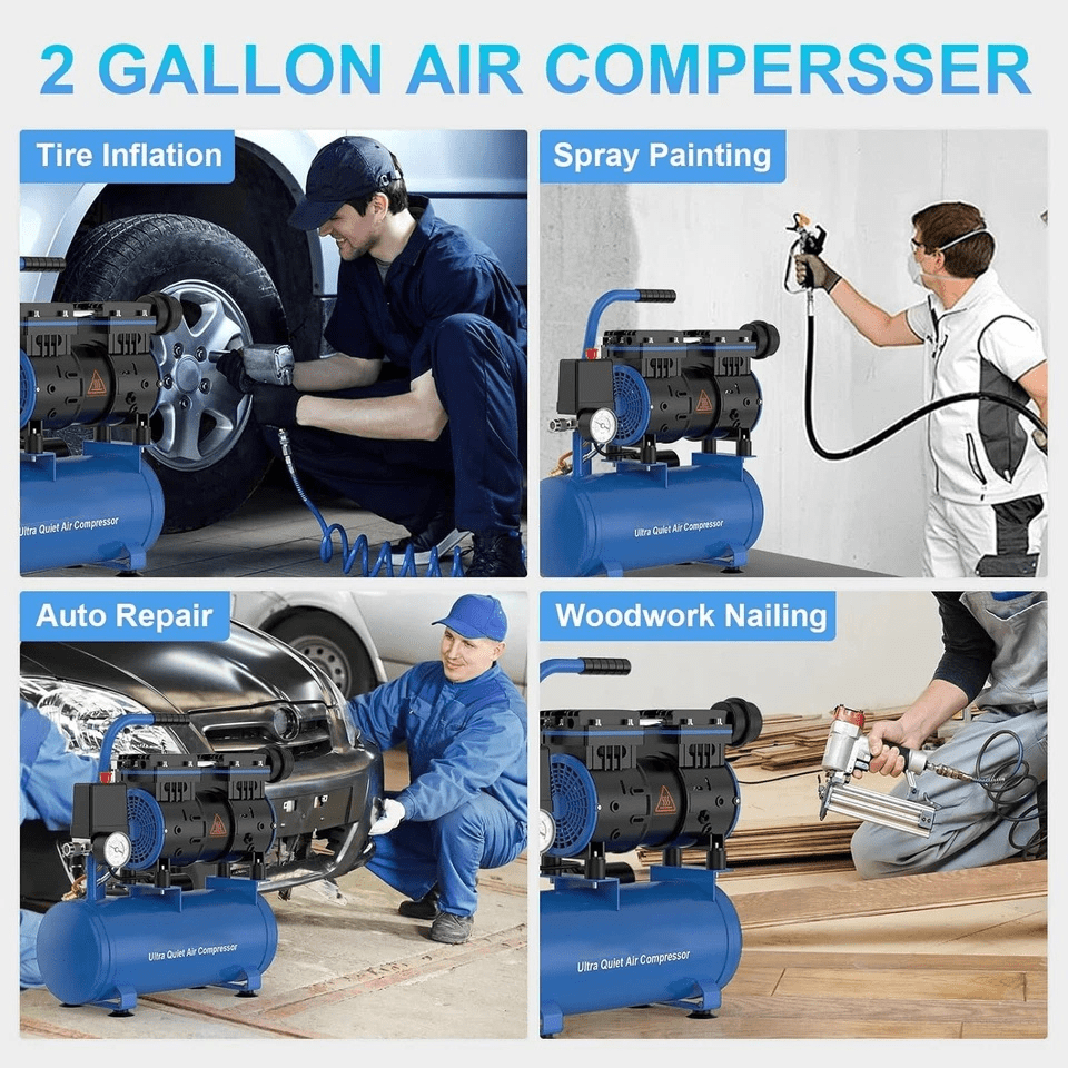 Azzunox 2 Gallon Air Compressor, 1.6CFM@90PSI Oil Free Air Compressor Tank & Max.116PSI Pressure, 60 dB Ultra Quiet Compressor for Auto Repair, Tire Inflation, Spray Painting, Woodwork Nailing