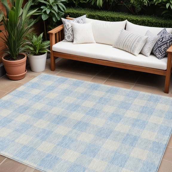 10' X 14' Sky Blue And Gray Plaid Washable Indoor Outdoor Area Rug