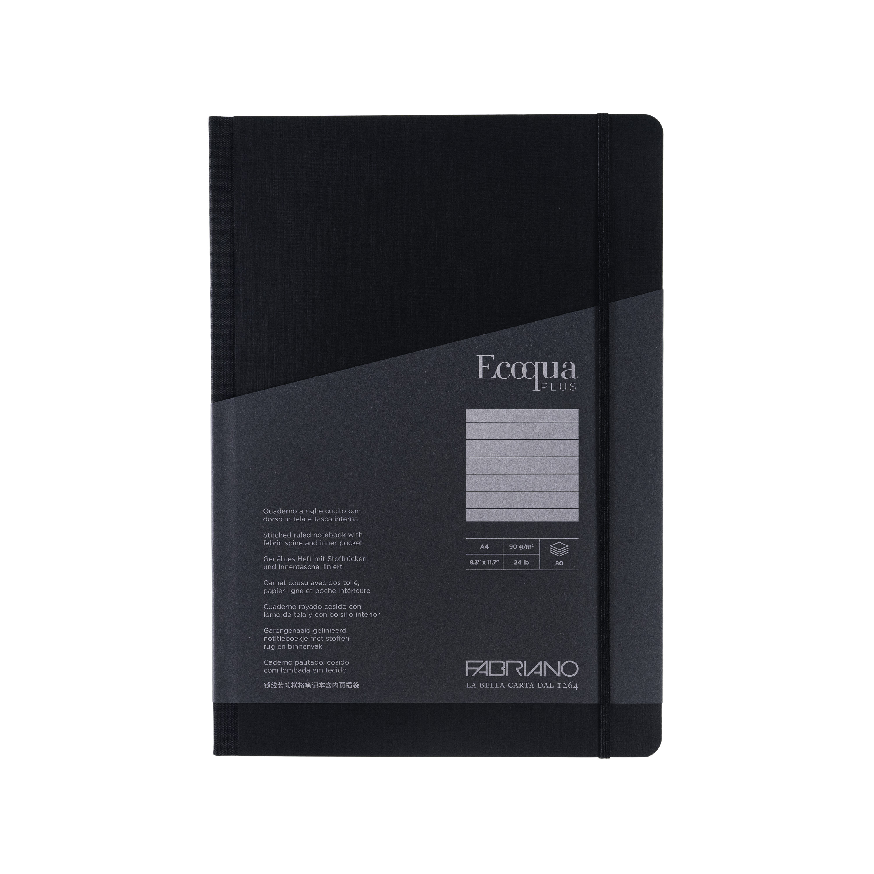 Fabriano Ecoqua Plus Fabric-Bound Notebook, 8.3" x 11.7", A4, Lined, Black