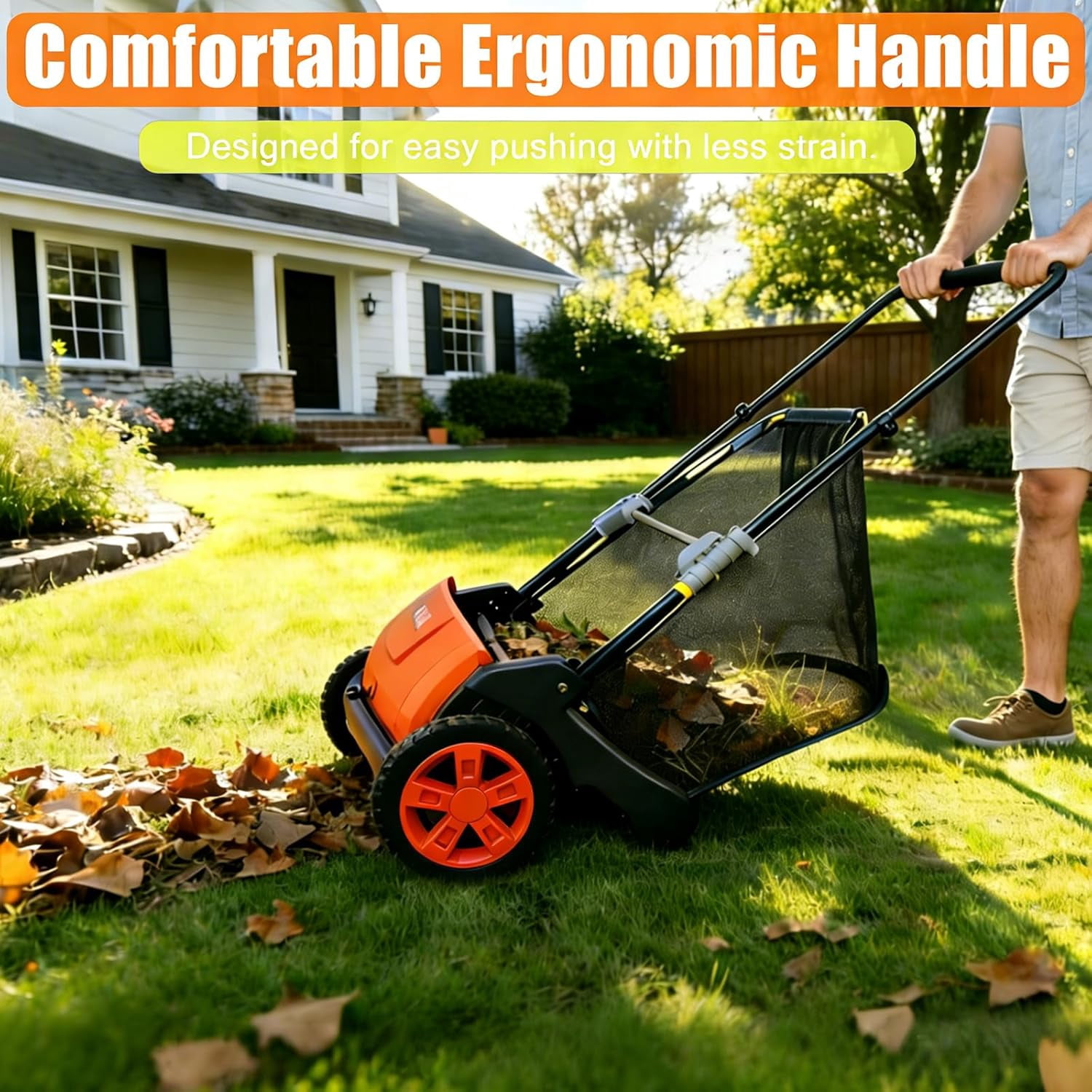 Push Lawn Sweeper 21-Inch Manual, Leaf Sweeper for Yard & Lawn with 3.5 Cu. Ft. Hopper Bag, Height-Adjustable Brushes for Driveways & Grass, Space-Saving Foldable Design