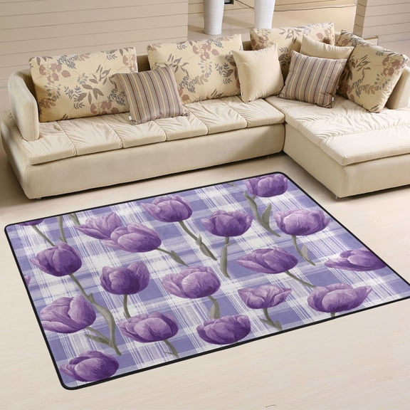Area Rugs 36"x24" Indoor Non-Slip Wear Resistant Floor Mats Soft Large Carpets for Living Room Bedroom Home Decor Washable Rug Lovely Lavender Tulip Flowers