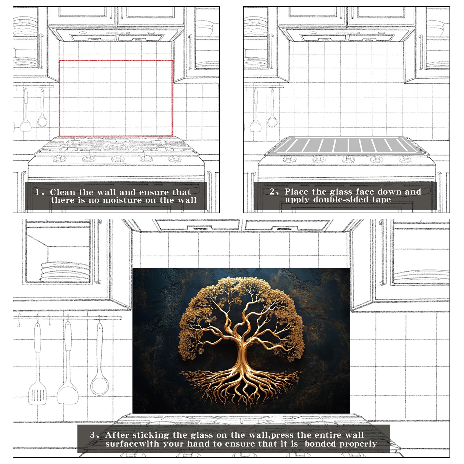 The Golden Tree of Life Glass Backsplash For Kitchen Behind Stove,Stove Back Top Cover,Easy to Clean Glass Splashback, Sink Cover Splash Guard,Home Kitchen Wall Decor