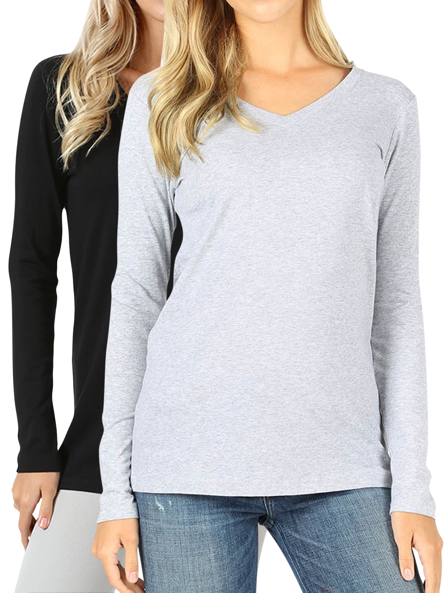 TheLovely - Women Casual Basic Cotton Loose Fit V-Neck Long Sleeve T ...