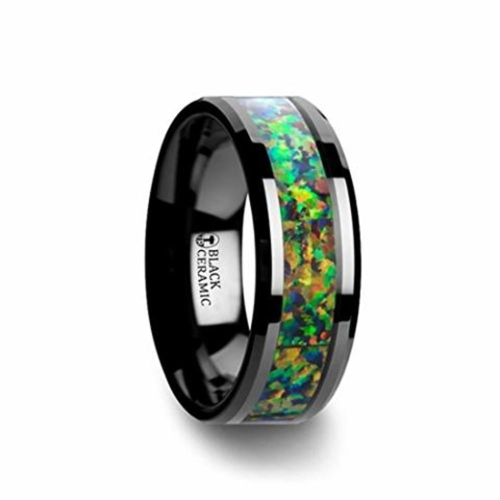 Thorsten Galactic Black Ceramic Wedding Band with Beveled Edges and Blue & Orange Opal Inlay 8mm Wide from Roy Rose Jewelry Thorsten Galactic Black Ceramic Wedding Band with Beveled Edges and Blue & Orange Opal Inlay 8mm Wide from Roy Rose Jewelry