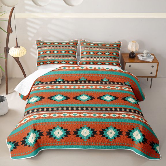 jejeloiu Bold Aztec Twin Quilt Set For Men Women,Tribal Pattern Twin Coverlet Set,Orange Teal,2 Pieces