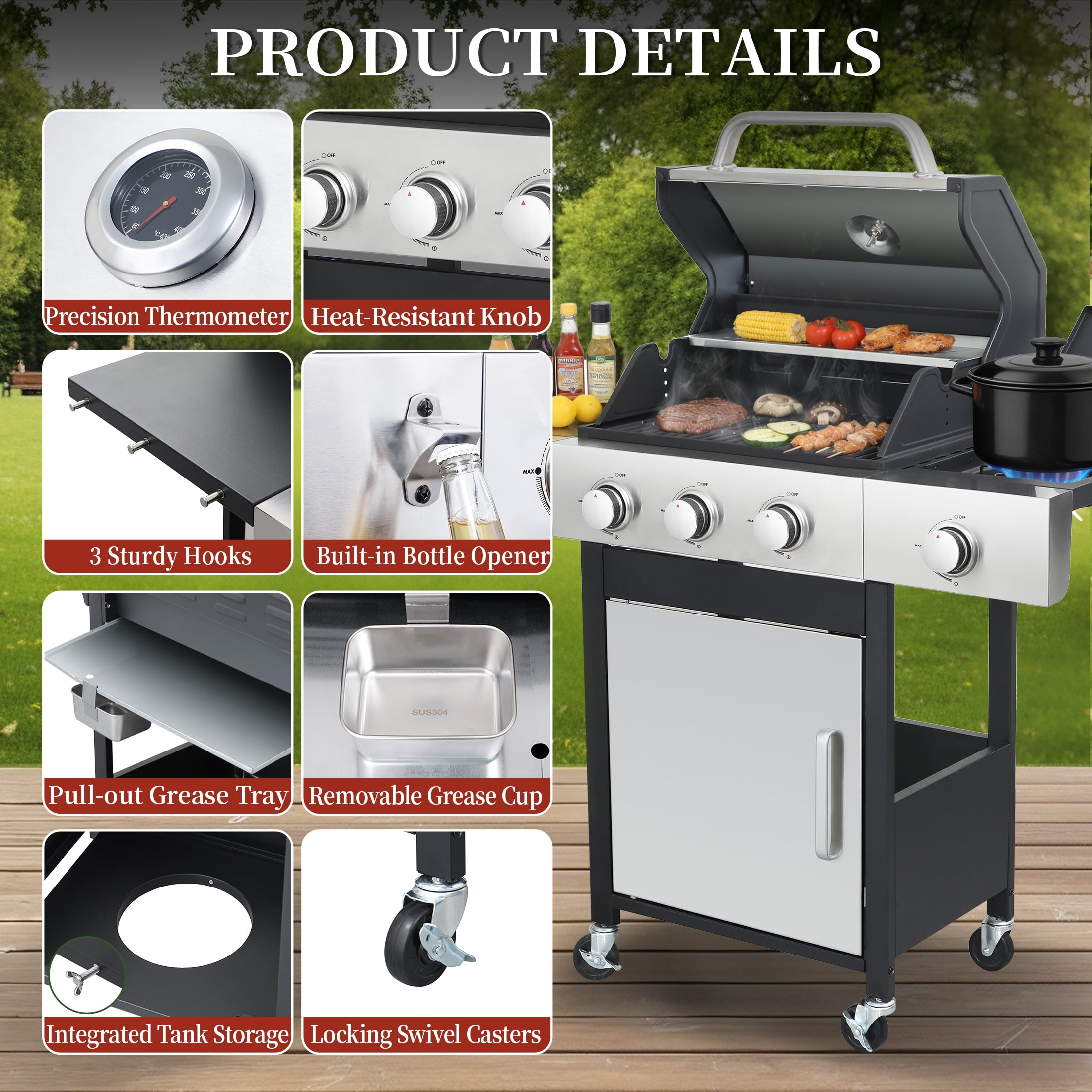 CIG GARDEN 3-Burner Propane Gas Grill with Side Burner,41,500 BTU Output Double-Layer Stainless Steel BBQ Lid with Cast Iron Grates