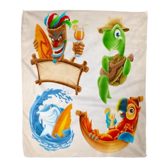 ASHLEIGH Flannel Throw Blanket Parrot Summer Cartoon Shark Mascot Drink Hawaii Island Soft for Bed Sofa and Couch 50x60 Inches