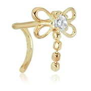 14K Yellow Gold Dragonfly Butterfly Simulated Diamond CZ Curved Twisted Screw Nose Ring- 20 Gauge