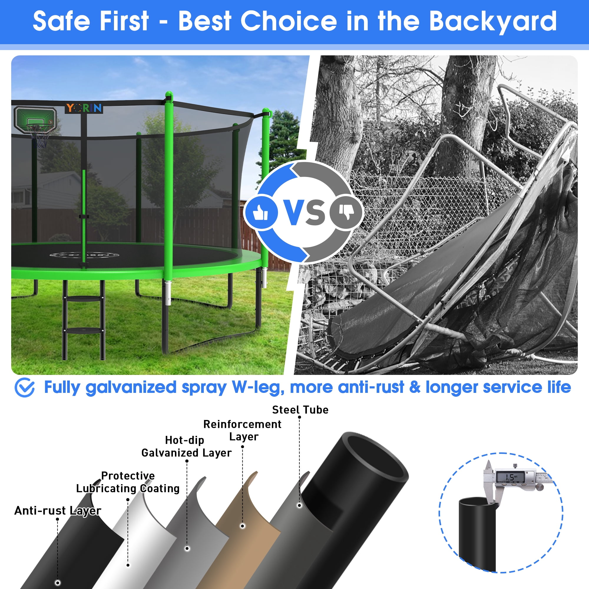 YORIN Trampoline, 12FT Trampoline for 4-5 Kids Adults with Enclosure, 1200LBS Outdoor Trampoline with Basketball Hoop, Sprinkler, Light, Socks, Ladder, Galvanized Anti-Rust Coating Trampoline