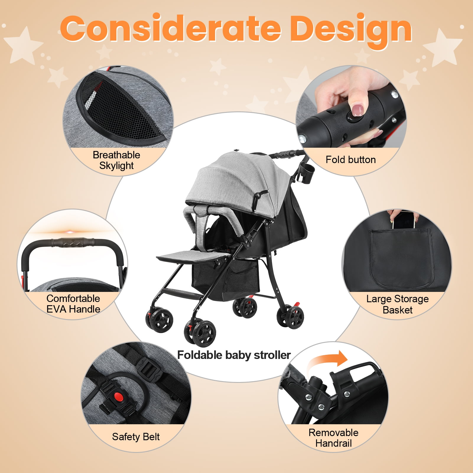 Tereitr Travel Baby Stroller, One-Hand Folding Infant Pushchair with Adjustable Backrest, Canopy, Storage Basket, Up to 10kg