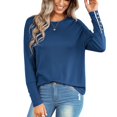 thumbnail image 1 of Top de mujer con cuello redondo y mangas largas con hombros caídos, jersey de corte informal a la moda para mujer, azul oscuro S, 1 of 8