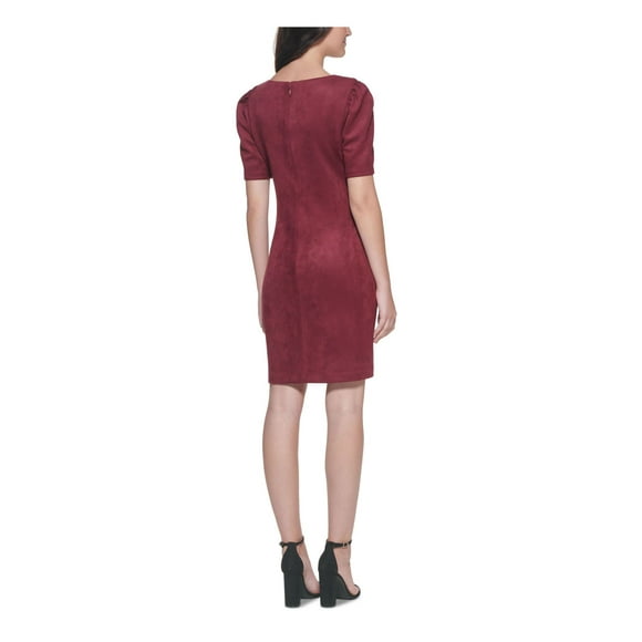 GUESS Womens Maroon Zippered Faux Suede Pouf Sleeve V Neck Above The Knee Cocktail Sheath Dress 12