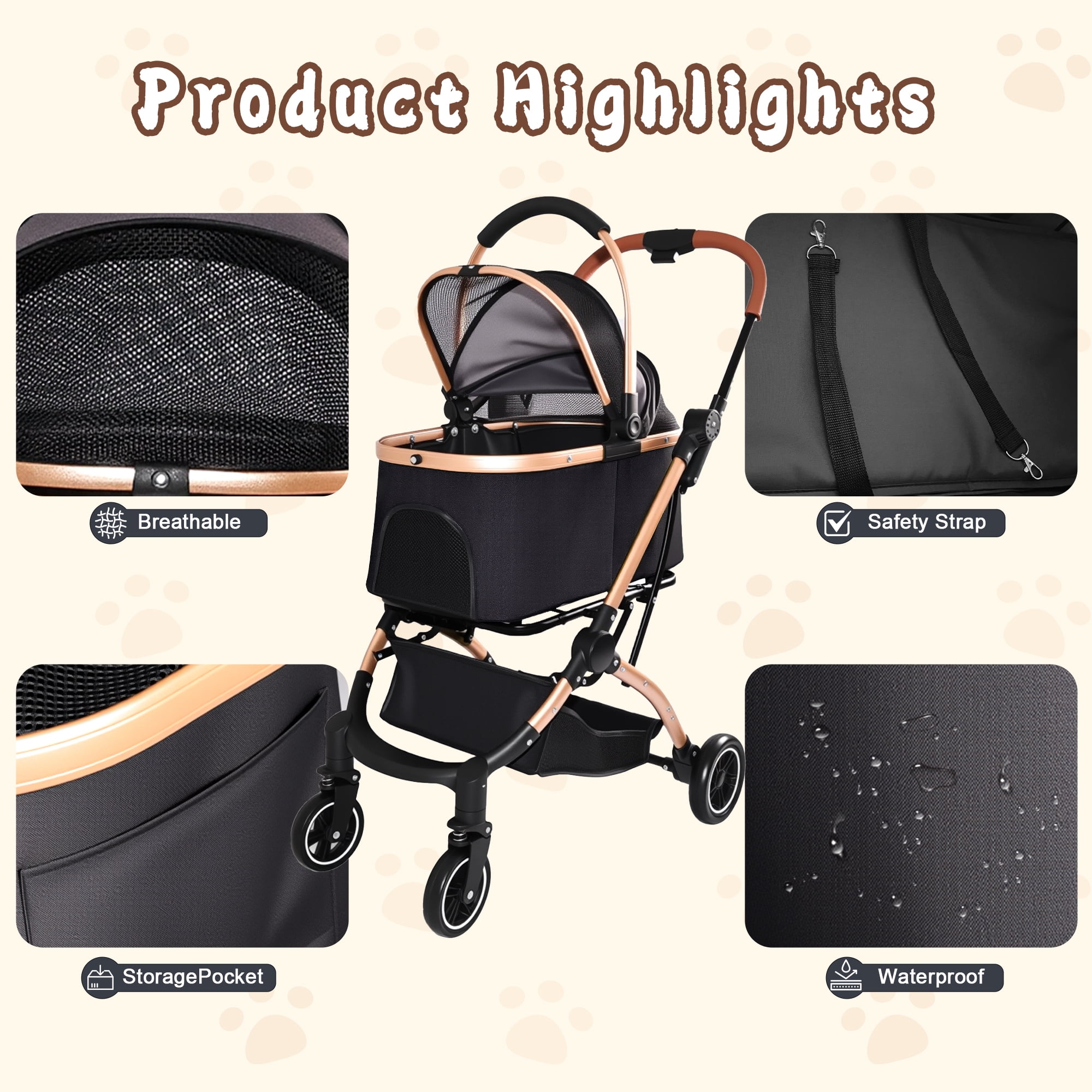 Foldable Pet Stroller for Small/Medium Dogs and Cats, Convertible Pet Cart with Detachable Carrier, Caster & Storage Basket