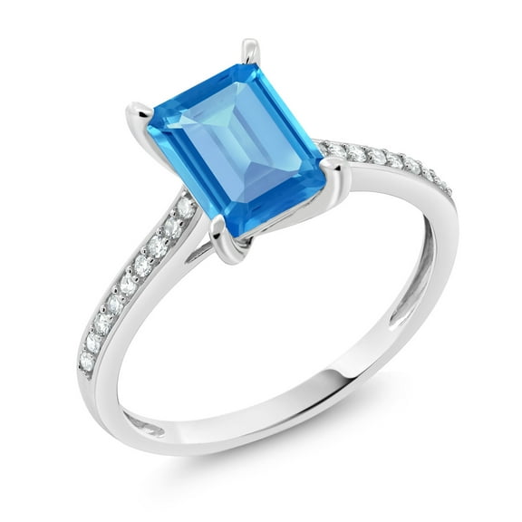 Gem Stone King 10K White Gold Swiss Blue Topaz and White Diamond Engagement Ring for Women (2.03 Cttw, Emerald Cut 8X6MM, Gemstone November Birthstone, Available in Size 5, 6, 7, 8, 9)