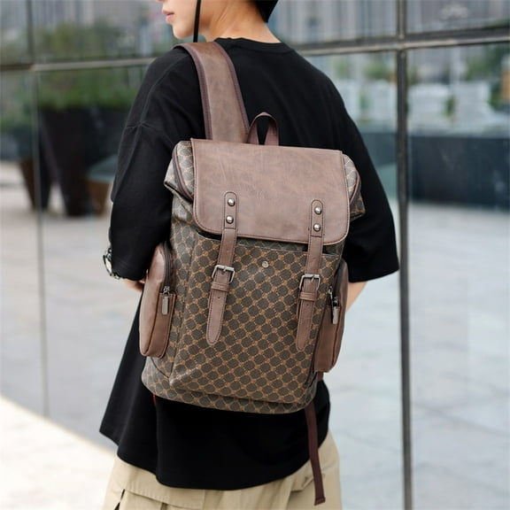 New Men's Leather Large Capacity Men & Women Trendy Plaid Backpack,45x15x30