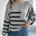 thumbnail image 4 of Fesfesfes Women's Fall Winter Blouses Comfy Knitted Striped Long Sleeve Crew Neck Pullover Tops Fashion Loose Contrast Color Sweater(Gray#5,S), 4 of 7