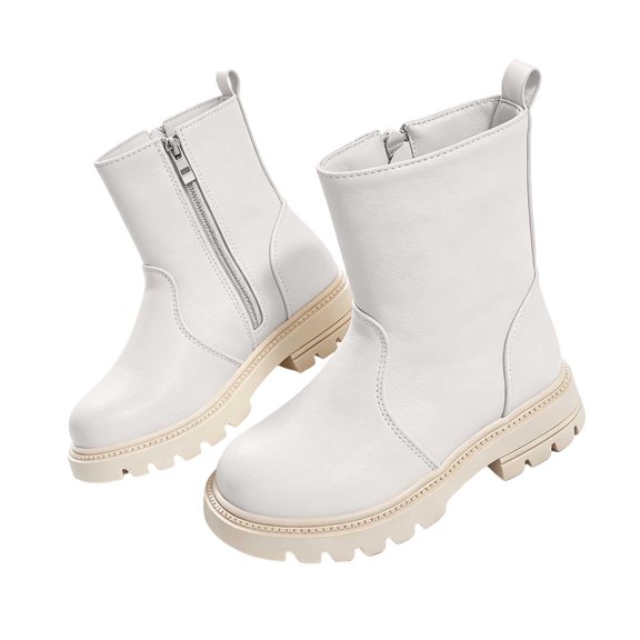 Bilqis Fashion Ankle Boots for Girls Faux Leather Solid Color Princess Boots Side Zipper Round Toe Soft Sole Non-slipping Shoes Casual Daily Walking Fall Winter Footwear Beige,2 Big Kids