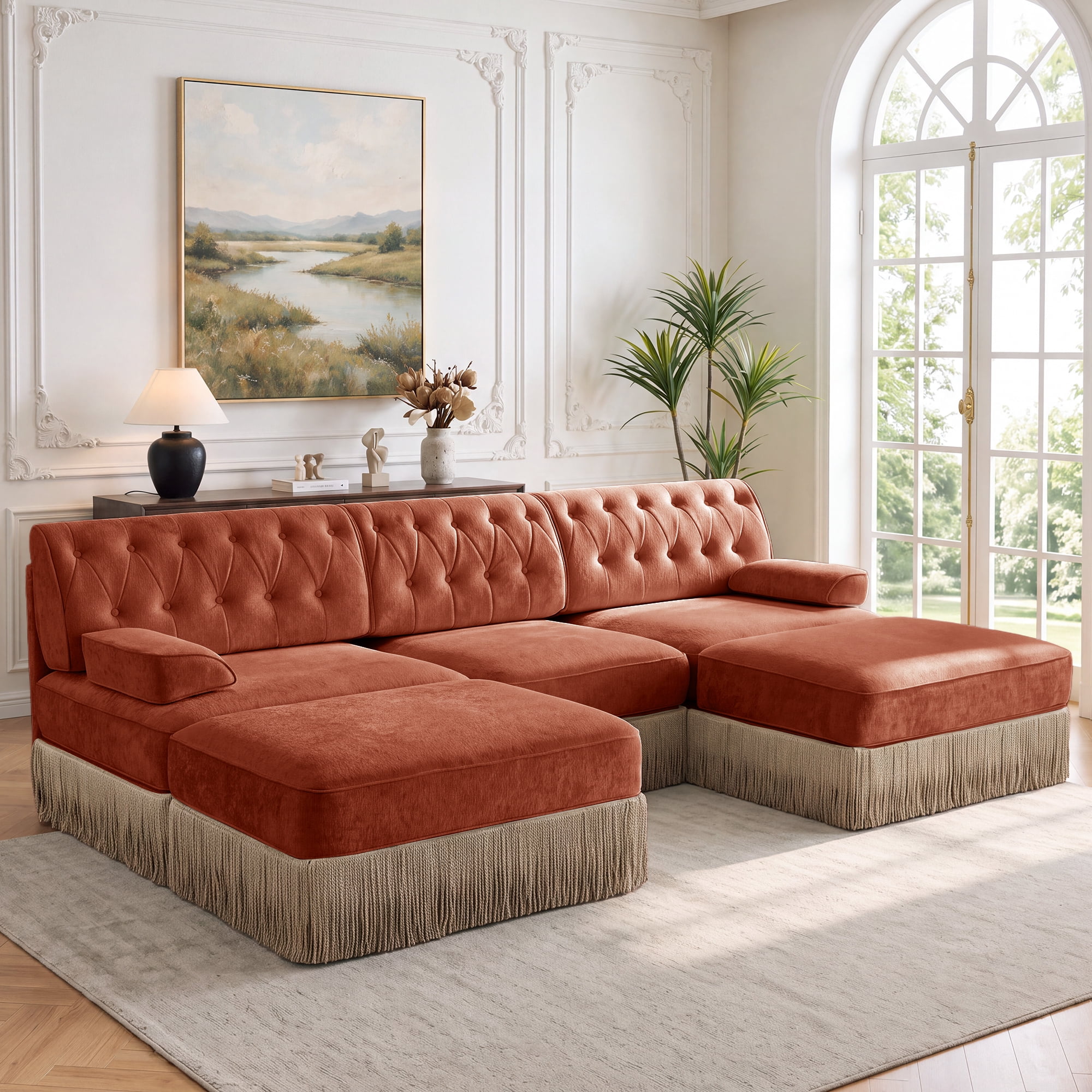 106" Chesterfield 3 Seater U-Shaped Modular Sectional Sofa Set with 2 Ottoman and Tassel Skirt, Easy to Assemble