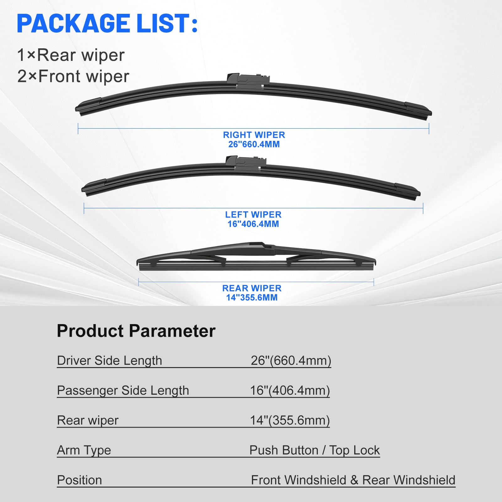 3 Wipers Factory 26"+16"+14 for 2016-2022 Toyota C-HR Original Equipment Replacement Front and Rear Windshield Wiper Blade