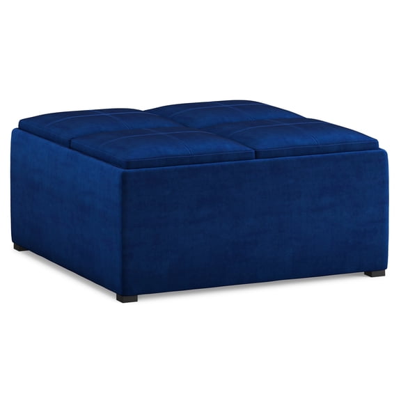 Avalon 35 inch Wide Contemporary Square Coffee Table Storage Ottoman in Blue Velvet Fabric