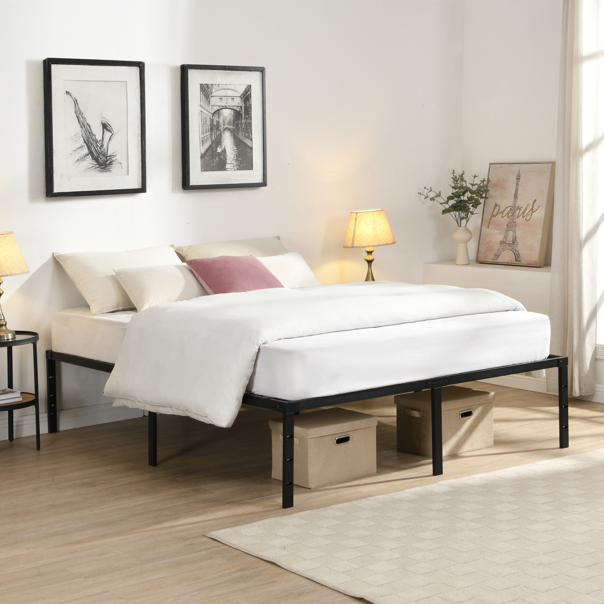 Black Queen Size Heavy-Duty Metal Bed Frame   Noise-Free  Quick & Easy Assembly