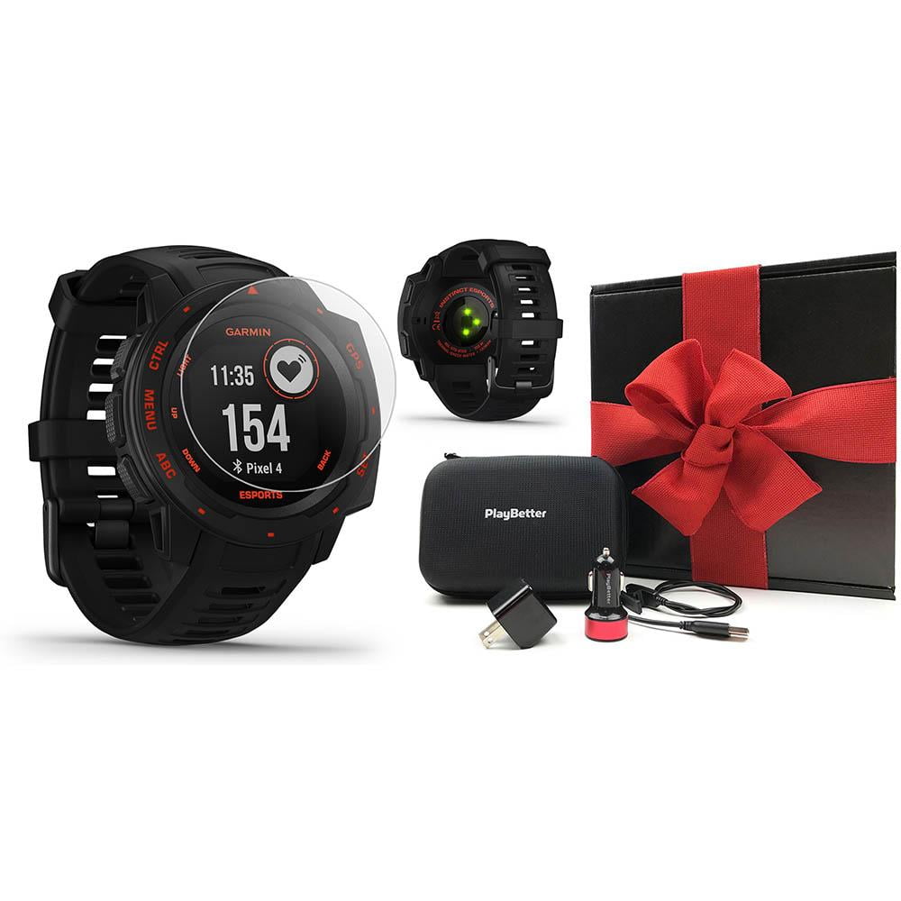 Garmin Instinct Esports (Black Lava) GPS Gaming Smartwatch Gift Box Bundle with PlayBetter Car Adapter, Wall Adapter, HD Screen Protectors and Protective Hard Case 010-02064-73