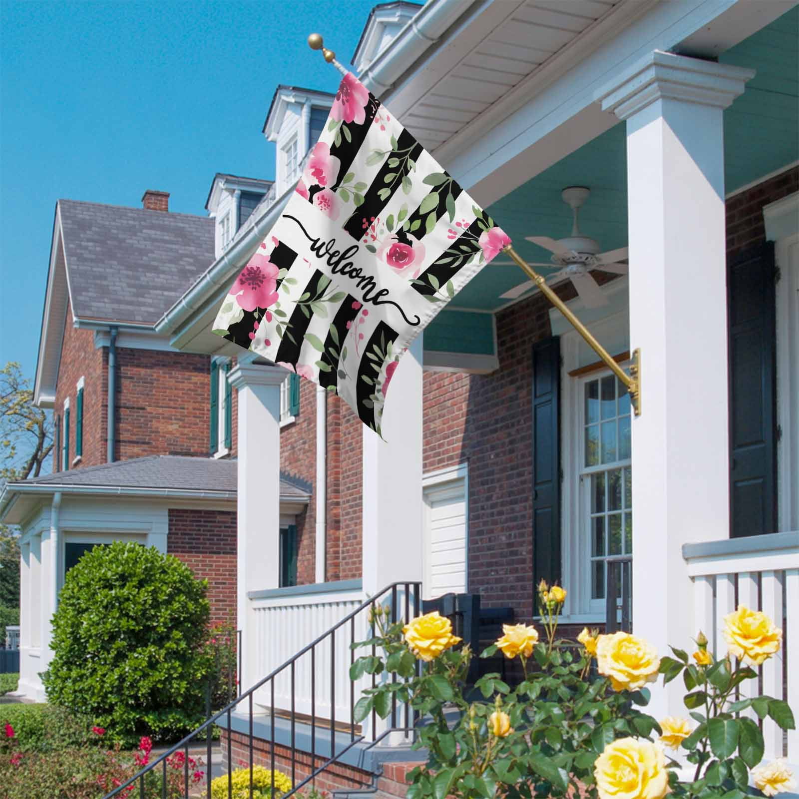 Spring Florals House Flags For Outdoor, Welcome Pink Floral Green Leaf Plack Stripes Small Double Side Yard Flags Weather Proof House Decor for Lawn Outside Holiday 28 x 40 Inches