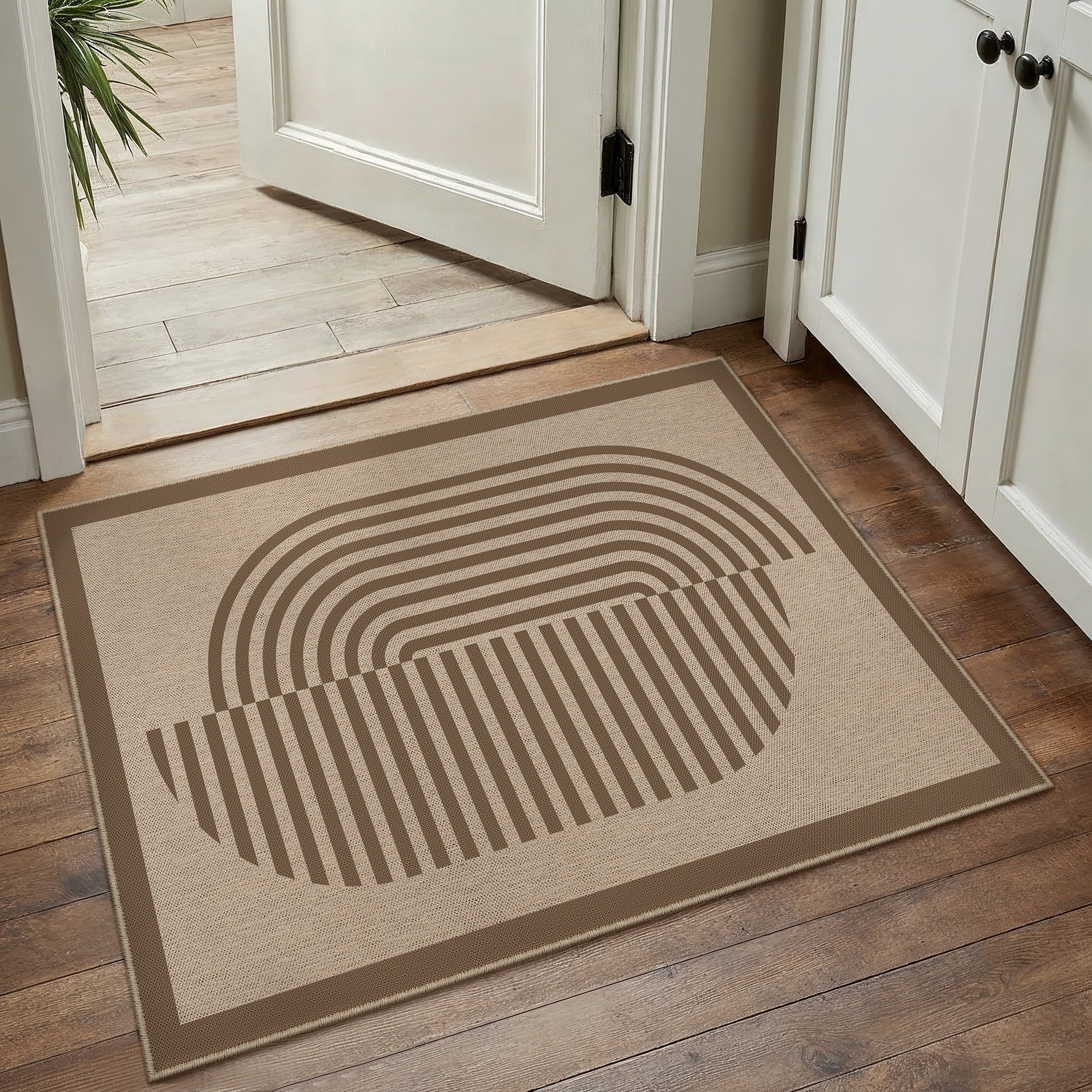 BERTHMEER 2'x3' Easy Jute Small Washable Rugs for Entryway Entrance Doorway Kitchen Laundry Farmhouse Indoor Outdoor Neutral Non Slip Jute Rugs Stripes Geometric Modern Doormats, Beige
