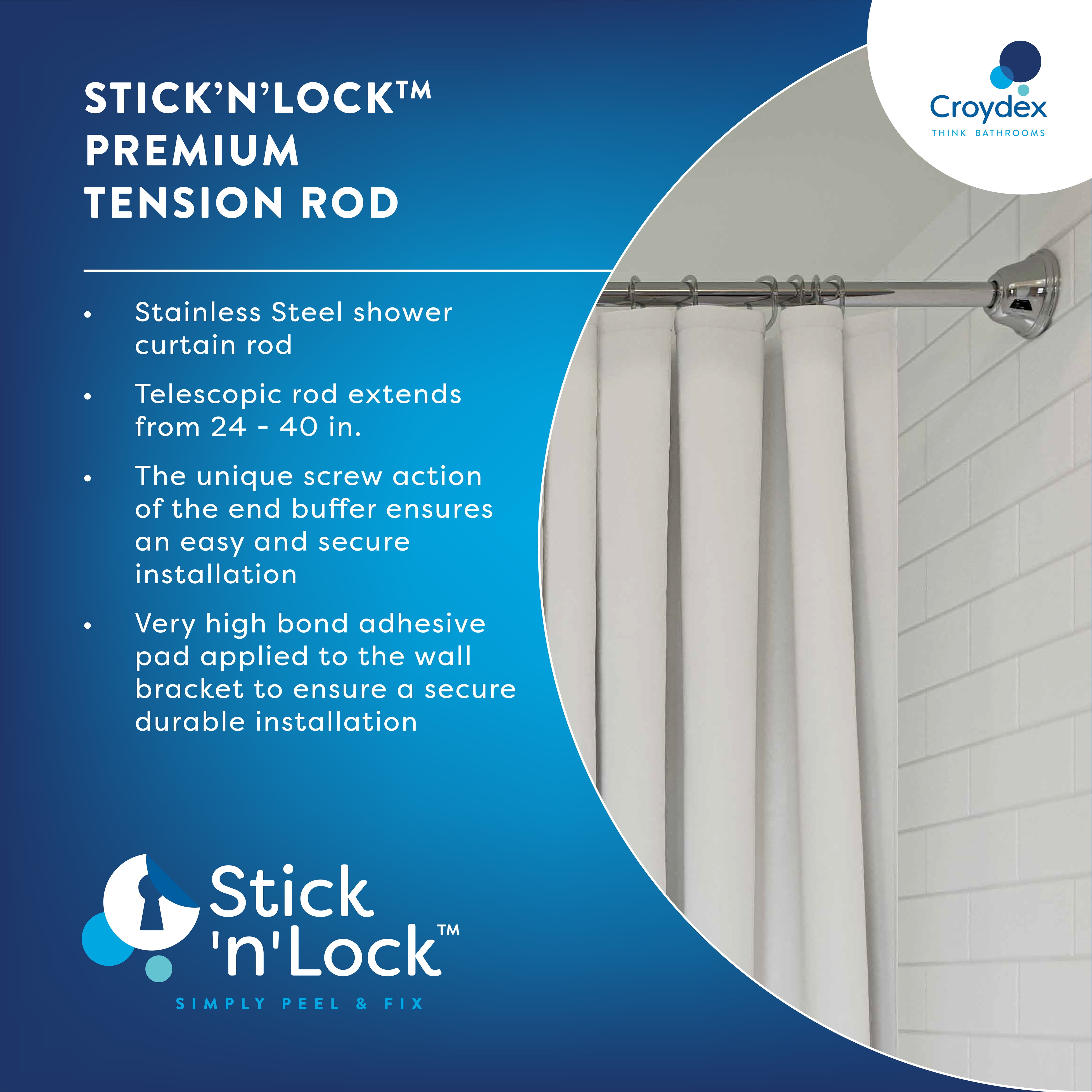 Croydex Stick N Lock Stainless Steel Tension Shower Rod Chrome 23in-40in, No Drill, Chrome