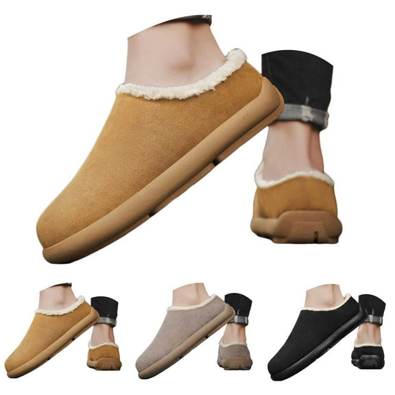 Pandaie Suede Fuzzy Slippers for Men Winter Warm Slip on House Shoes Memory Foam Indoor Outdoor Work Shoes for Walking Driving Black 7.5