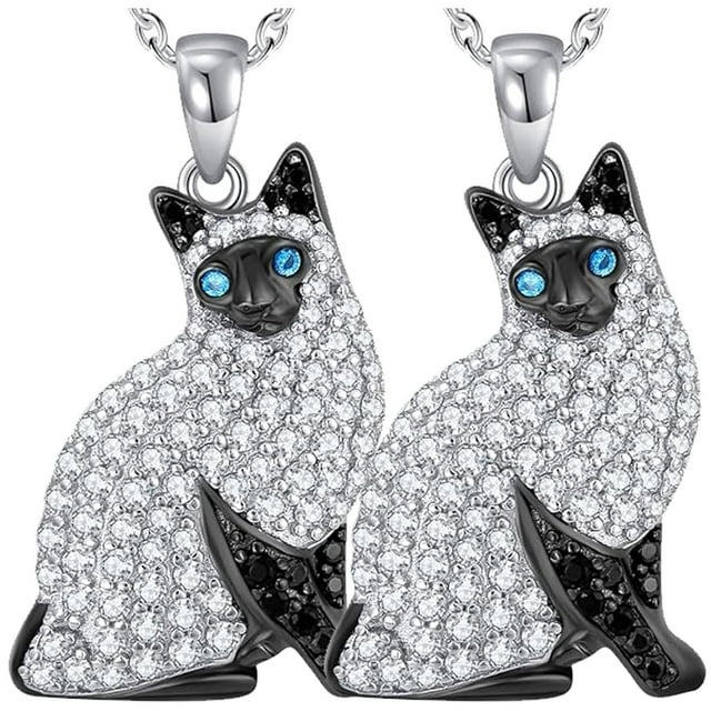 Cadenas de gatos CatNeck07 2Pzas Siamese Plata/Negro Metal Cadena y Dije.