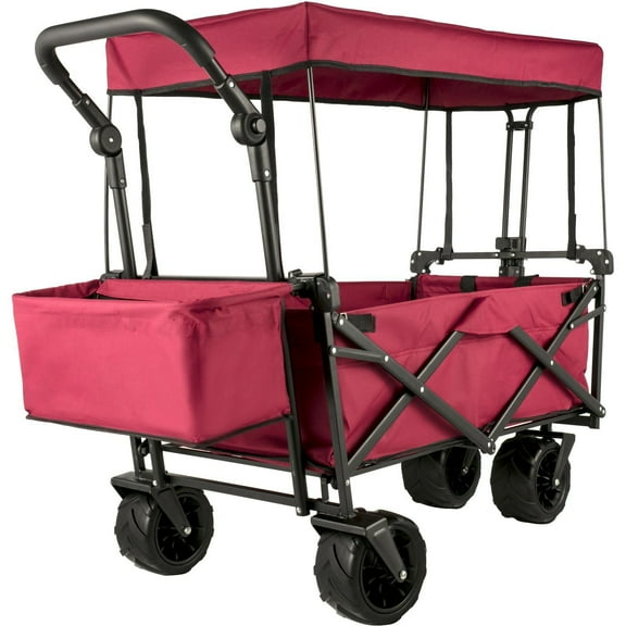 Extra Large Collapsible Garden Cart with Removable Canopy,  Wagon Cart for Garden, Camping, Shopping Cart, Red Grocery Cart, Folding Wagon Utility Carts with Wheels and Rear Storage