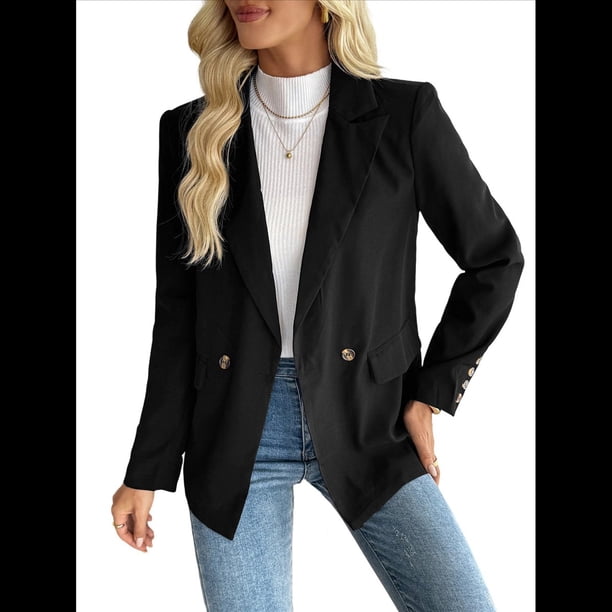 Blazer Informal para Mujer con Solapa y Botones, Larga, para Trabajo, Negocios, Moda, Chaquetas con Bolsillos. Negro XL