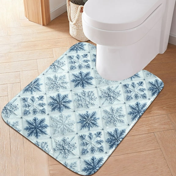 Toilet Rug U-Shaped Bathroom Rugs Non-Slip Soft Plush Machine Washable Contour Bath Mat 3d Blue White Snowflakes 24x20
