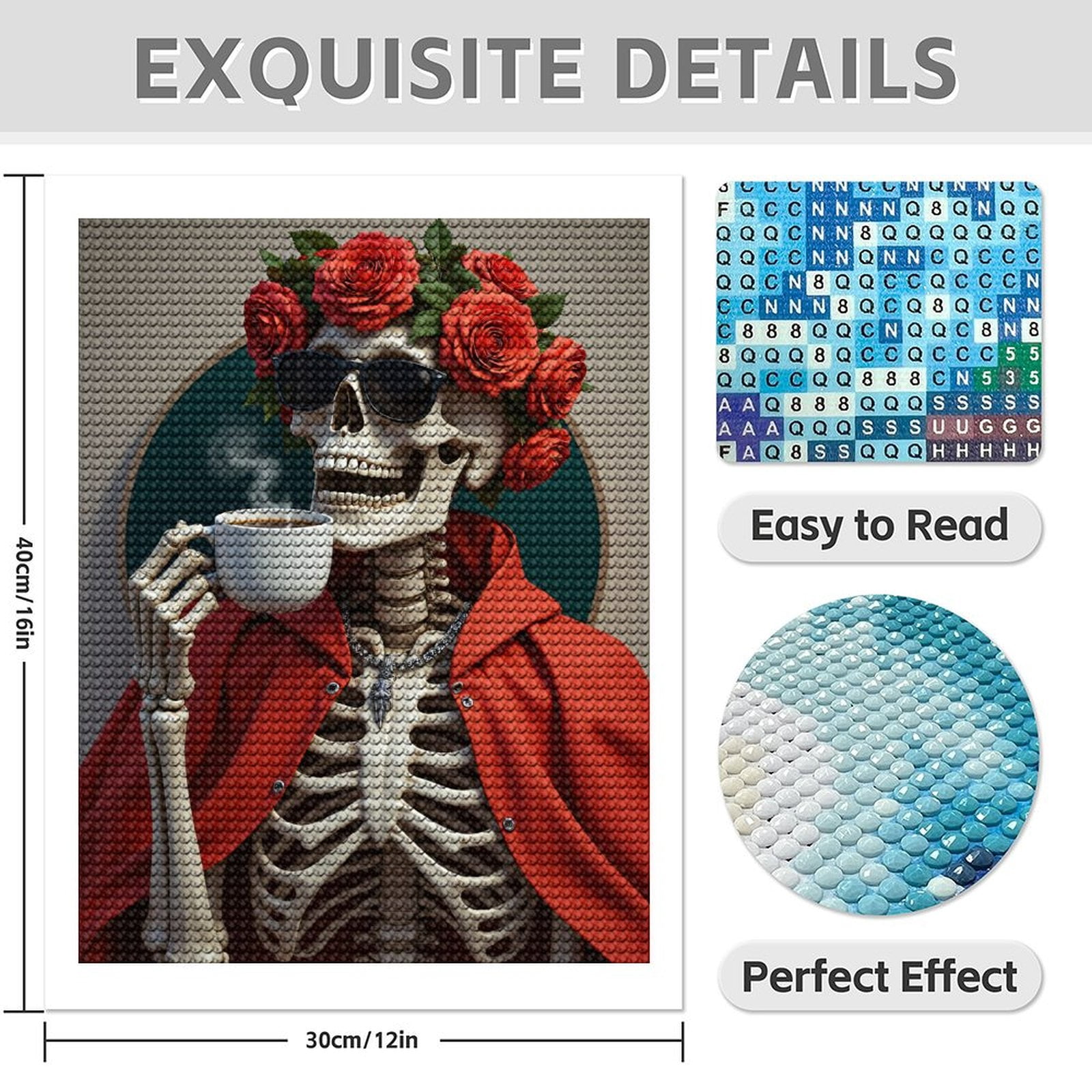 Diamond Art Kit for Adults, Skeleton Rose Cloak Coffee Stylish Diamond Painting for Adults Beginners, DIY Diamond Art Painting Kits, 5D Diamond Painting Crafts for Home Decor 12x16 Frameless