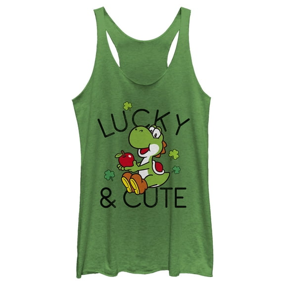 Women's Nintendo Super Mario Yoshi St. Patrick's Lucky and Cute Racerback Tank Top Envy Green X Large