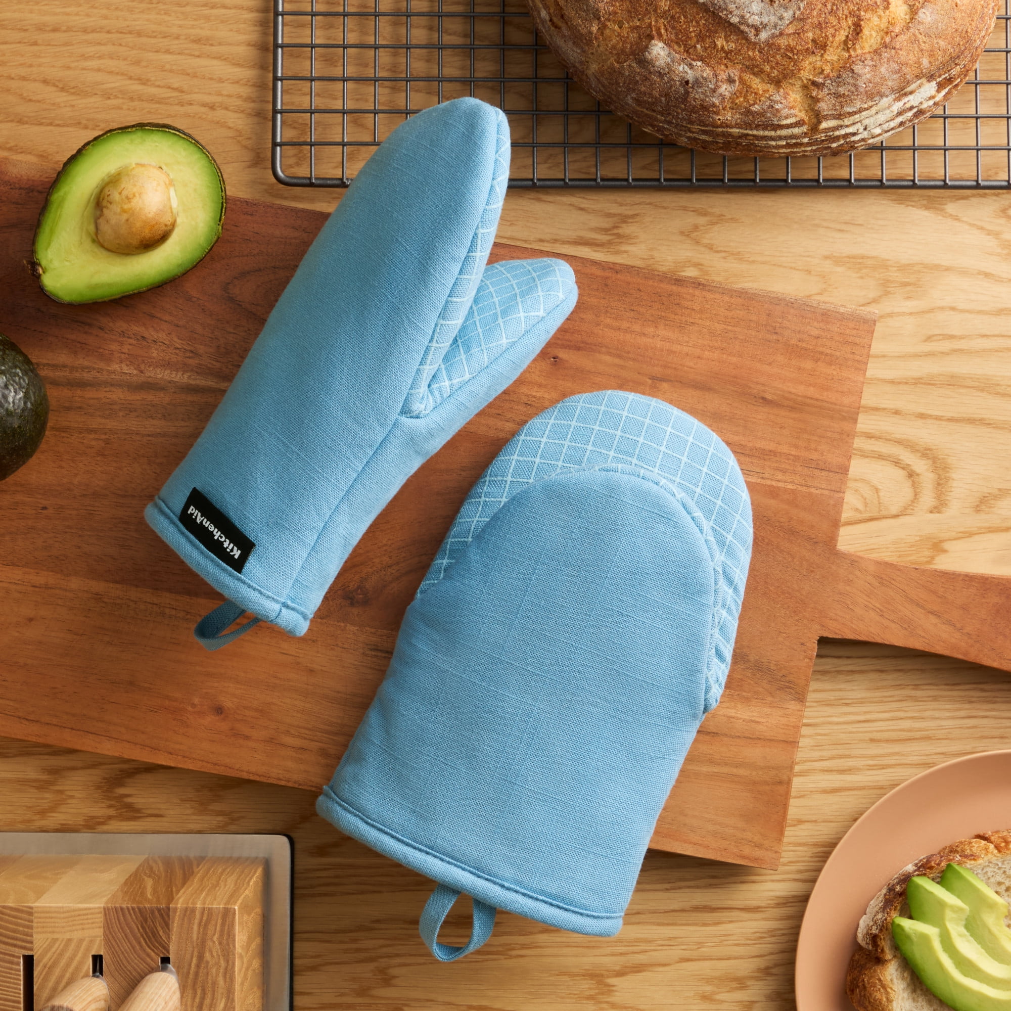 KITCHENAID Gourmet Series Gridlines Mini Oven Mitts 2-Pack Set, Heat Resistant up to 600°F, Soft Silicone Grip, Magnetic Cuff, Blue Velvet, 5.5"x9"