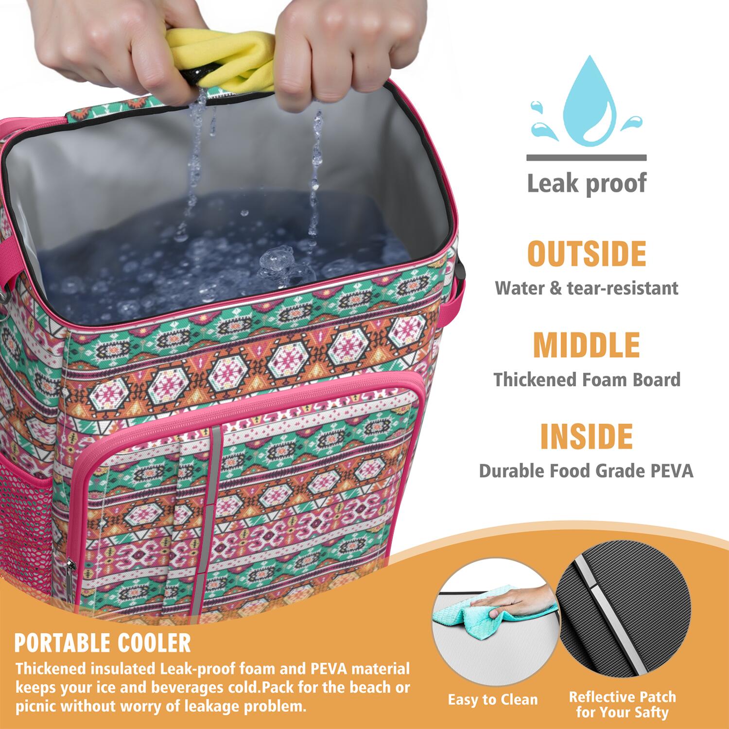 Travel Cooler Bag - Boho Bohemia Pioneer Flower Geometric Line Art Camping Beer Cooler Backpack with Bottle Opener- Waterproof Insulated Picnic Backpacks - Cooler Bag for Beach