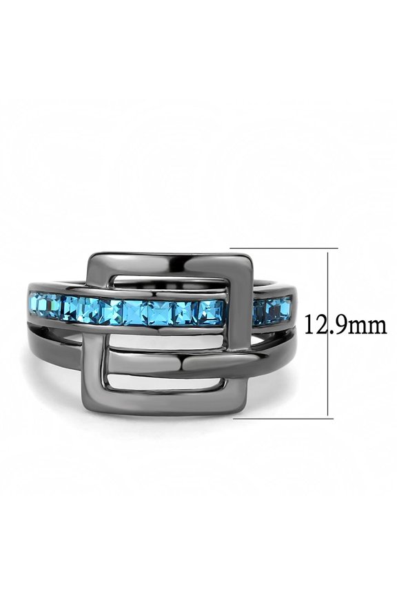 TK3451 - IP Light Black (IP Gun) Stainless Steel Ring with Top Grade Crystal in Sea Blue