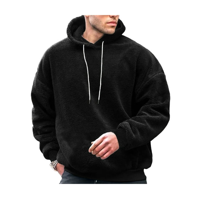 FOCUSNORM Men Plush Loose Hoodies Solid Color Drawstring Hooded Sweatshirts Long Sleeve Tops Fall Winter Casual Pullovers