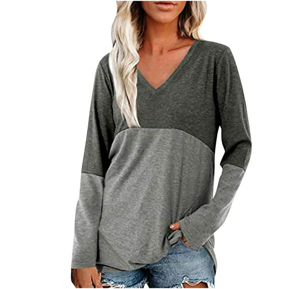 Odeerbi Shirts for Women 2025 Casual Long Sleeve V-Neck Tops Patchwork Loose Blouse Shirts Gray