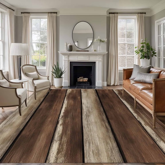 Large Area Rugs for Living Room Bedroom, Brown Wooden 8'x10' Rug Washable Carpet Runner Indoor Outdoor, Vintage Farmhouse Retro Art Non Slip Floor Mats Rug for Kitchen, Patio