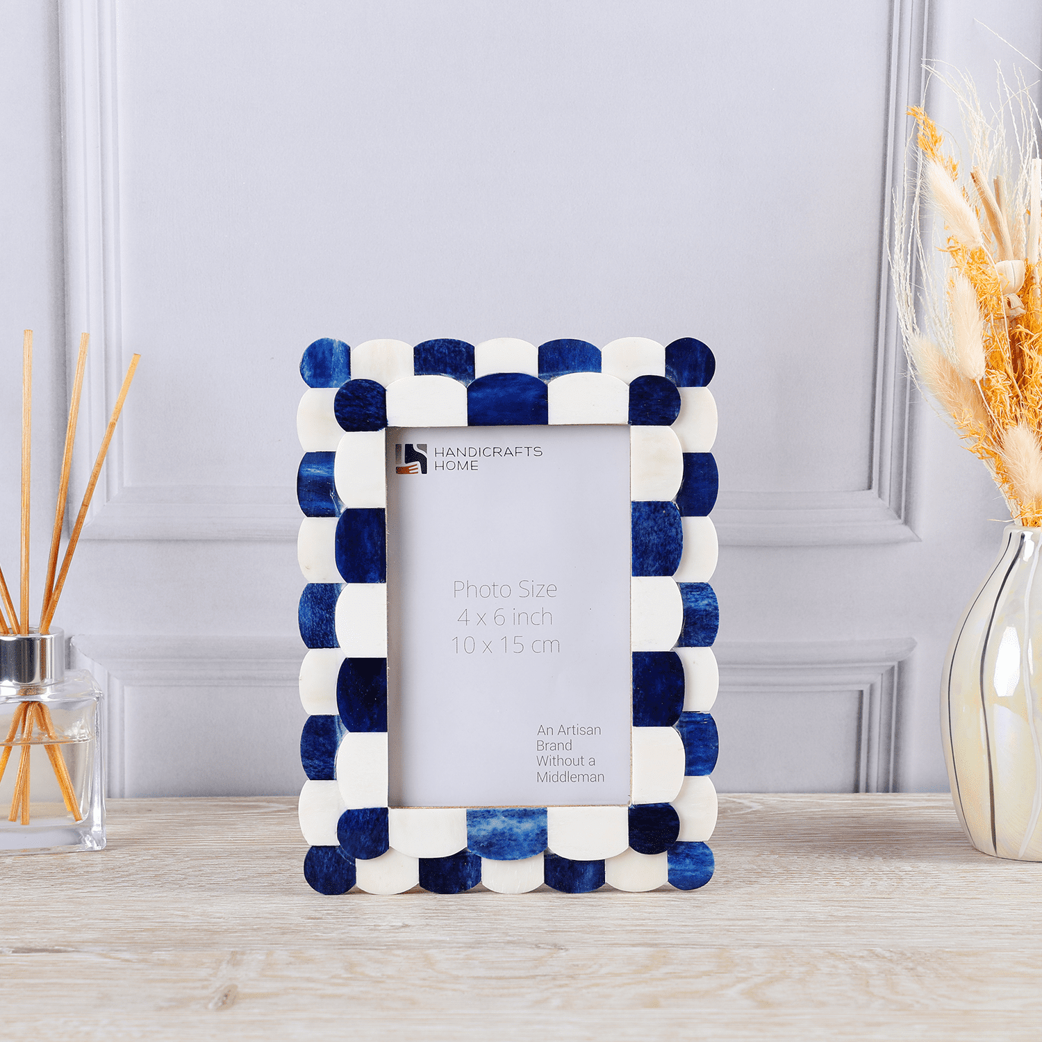 Handicrafts Home 4x6 Picture Frame Blue & White, Scalloped Bone Inlay Photo Frame, Handmade Decorative Picture Frame for Wall or Tabletop, Coastal Modern Home Decor