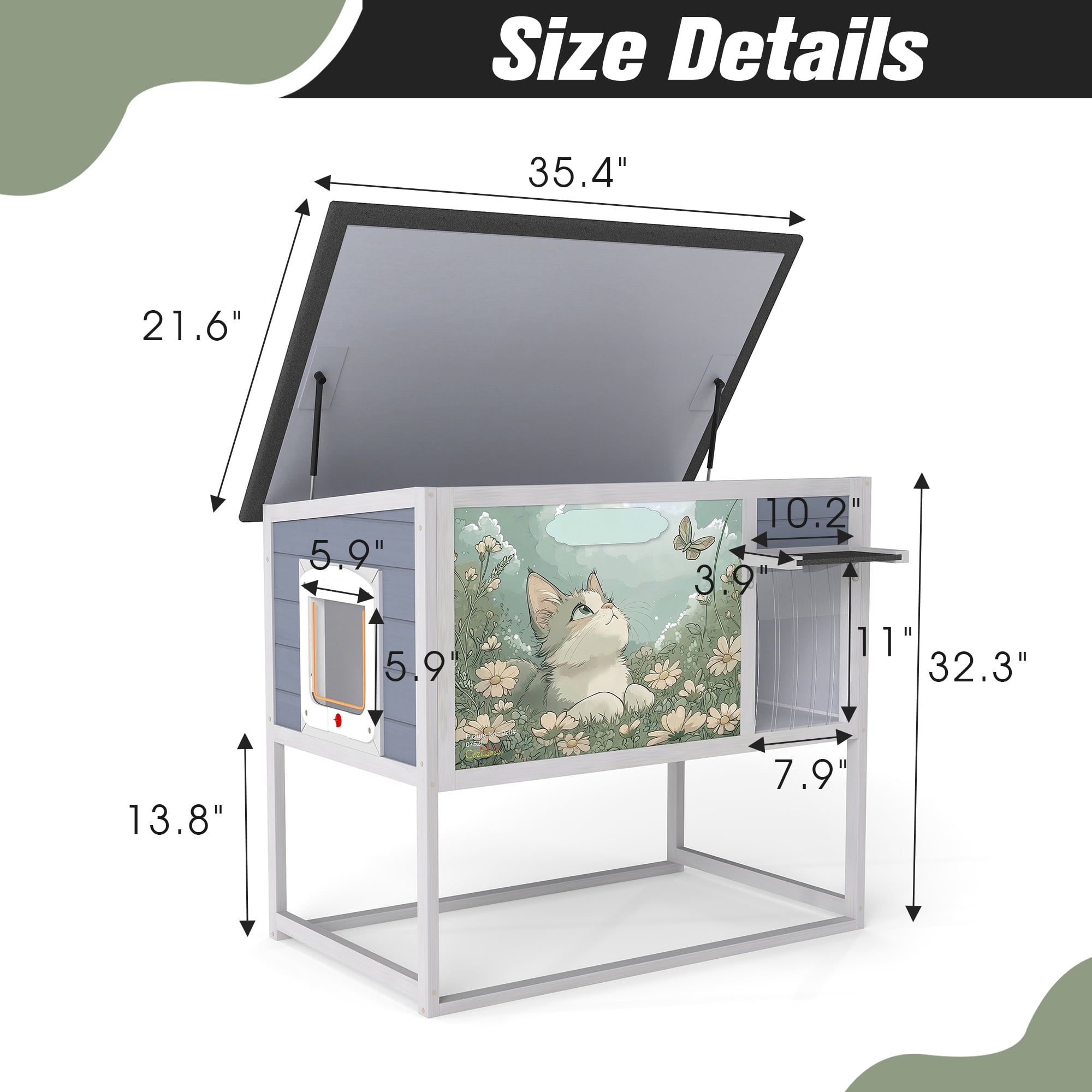 Weatherproof Outdoor Cat House, Elevated Feral Cat Shelter with High Legs, Curtained Door, Escape Door, Openable Top, Gray with Patterned Panel