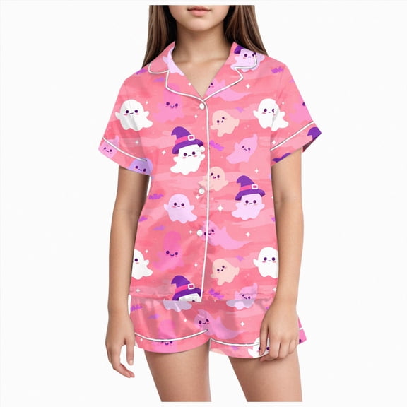 TOWED22 Girls Halloween 2PCS Pajama Sets Button Down Short Sleeve with Shorts Sleepwear Fall Winter Cute Lounge Outfit Sets for 2-13T(Hot Pink,8-9 Y)