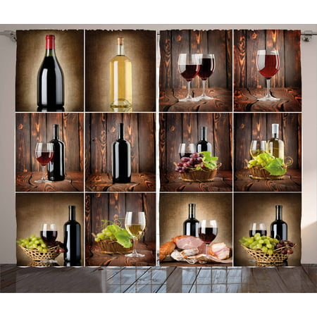 Wine Curtains 2 Panels Set, Wine Themed Collage on Wooden Backdrop with Grapes and Meat Rustic Country Drink, Window Drapes for Living Room Bedroom, 108W X 63L Inches, Brown Black Red, by