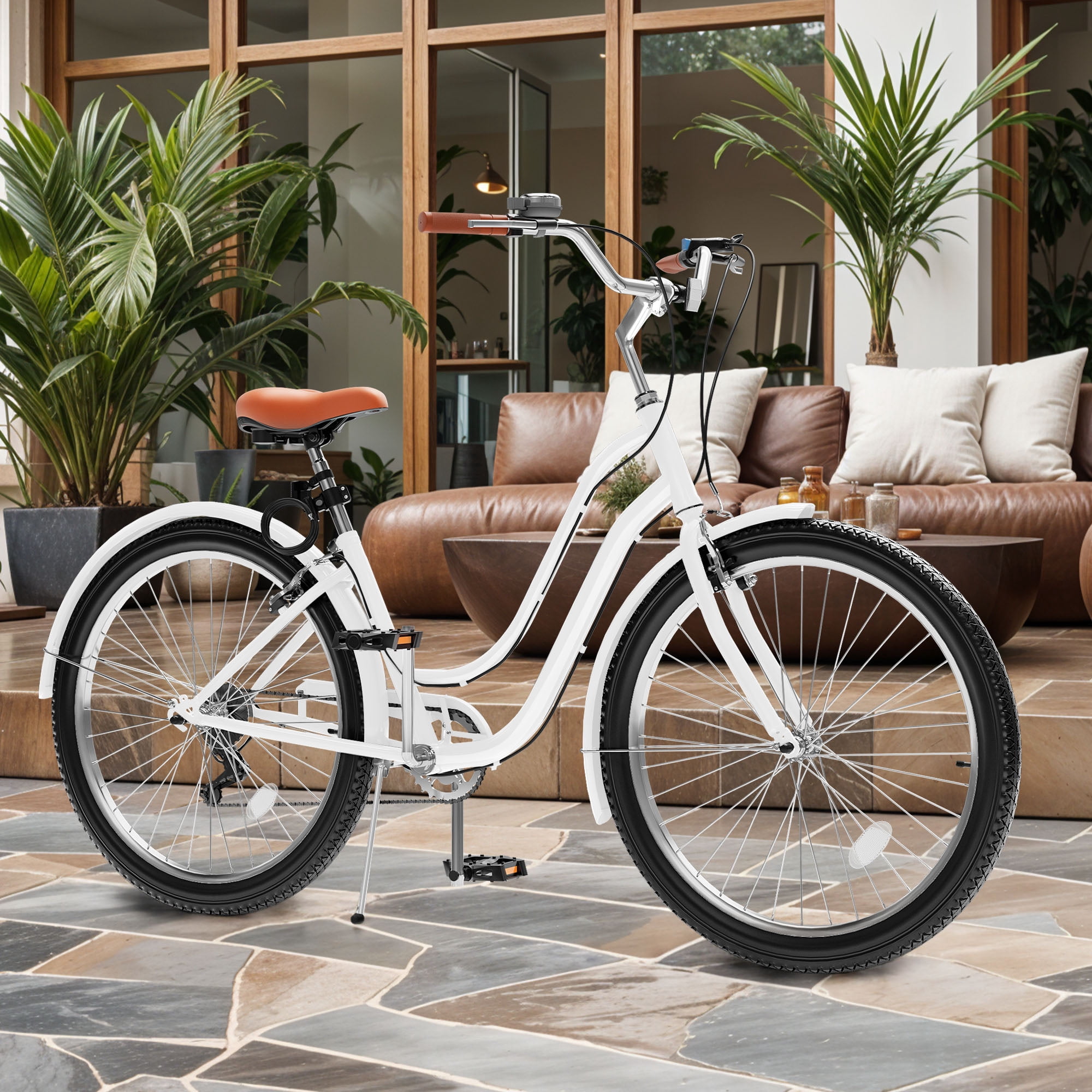 Uforic24'' Beach Cruiser Bike, 7-Speed, Step-Through Bicycle for Men & Women, Steel Frame, White