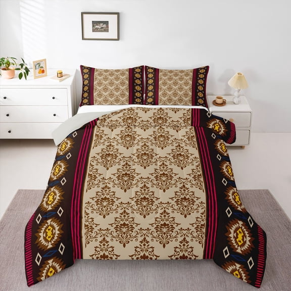 Erosebridal Boys Girls Hippie Brown Aztec Full Size Comforter Sets 3 Pieces,Teens Adults Bohemian Flower Damask Bedding Sets,Grey Reversible