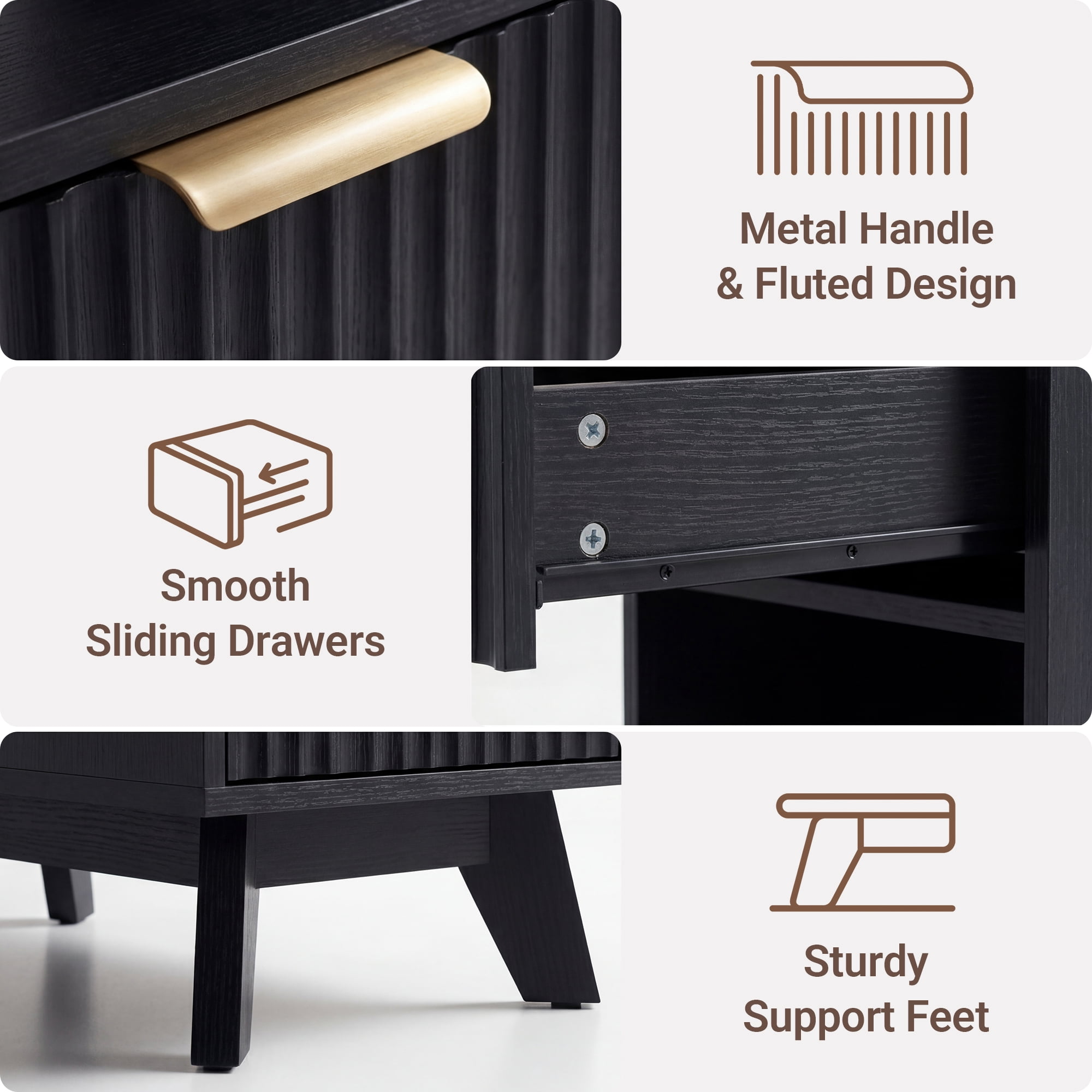 YDN Modern Tall Nightstand Set of 2 - Bedside Table with Fluted Design & Charging Station, Wooden Bedsides End Table with Large Open Shelf for Bedroom, Living Room,Black